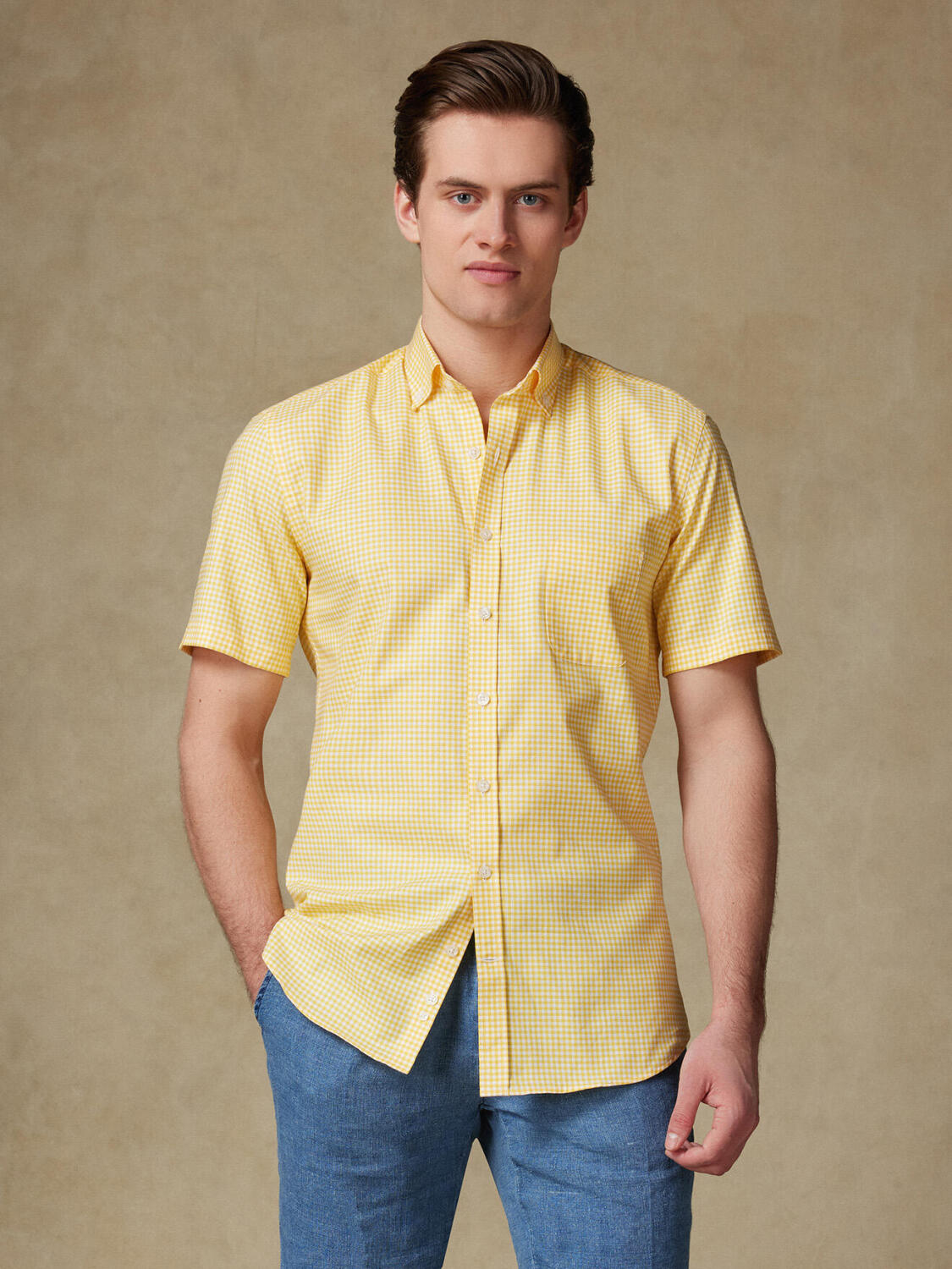 Anthony Kurzarmhemd in gelb Vichy   - Button down Kragen