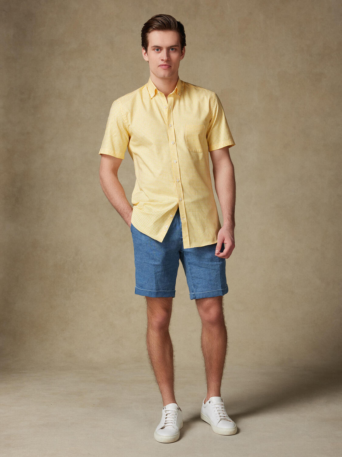 Anthony Kurzarmhemd in gelb Vichy   - Button down Kragen