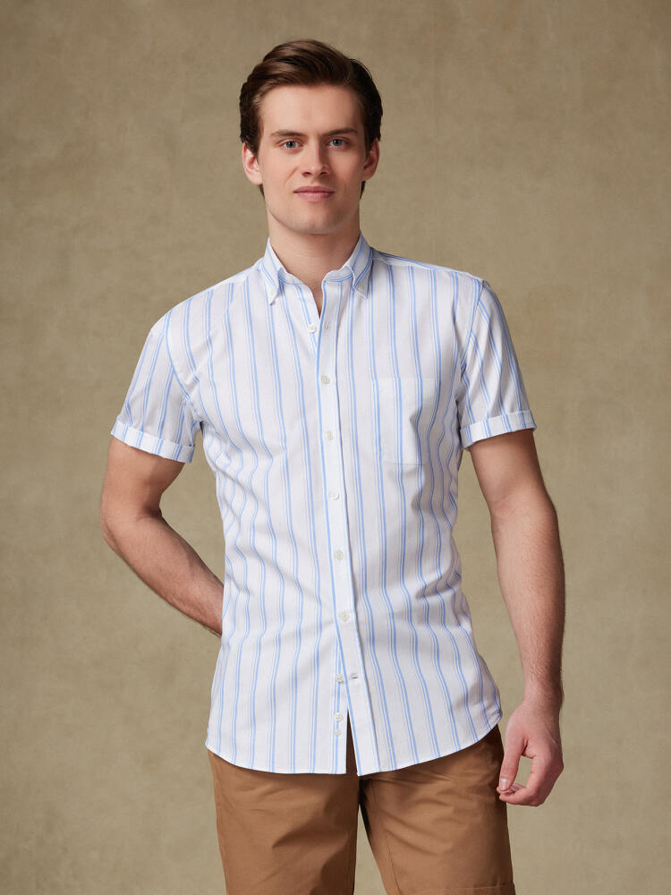Chemise manches courtes Aurel &agrave; rayures ciel  - Col Boutonn&eacute;