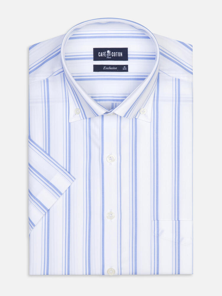 Chemise manches courtes Aurel &agrave; rayures ciel  - Col Boutonn&eacute;
