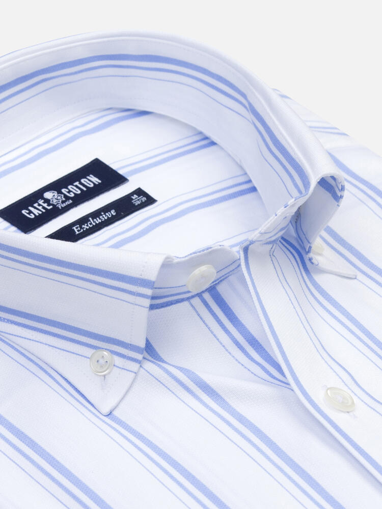 Chemise manches courtes Aurel &agrave; rayures ciel  - Col Boutonn&eacute;