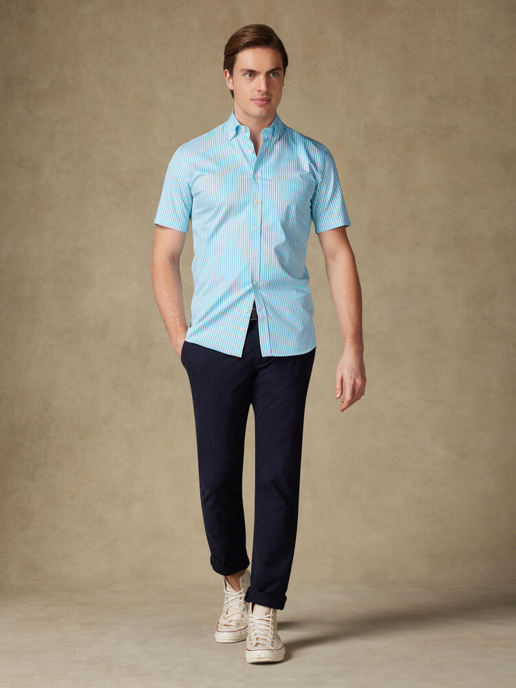 Chemise manches courtes Barry à rayures turquoise - Col boutonné