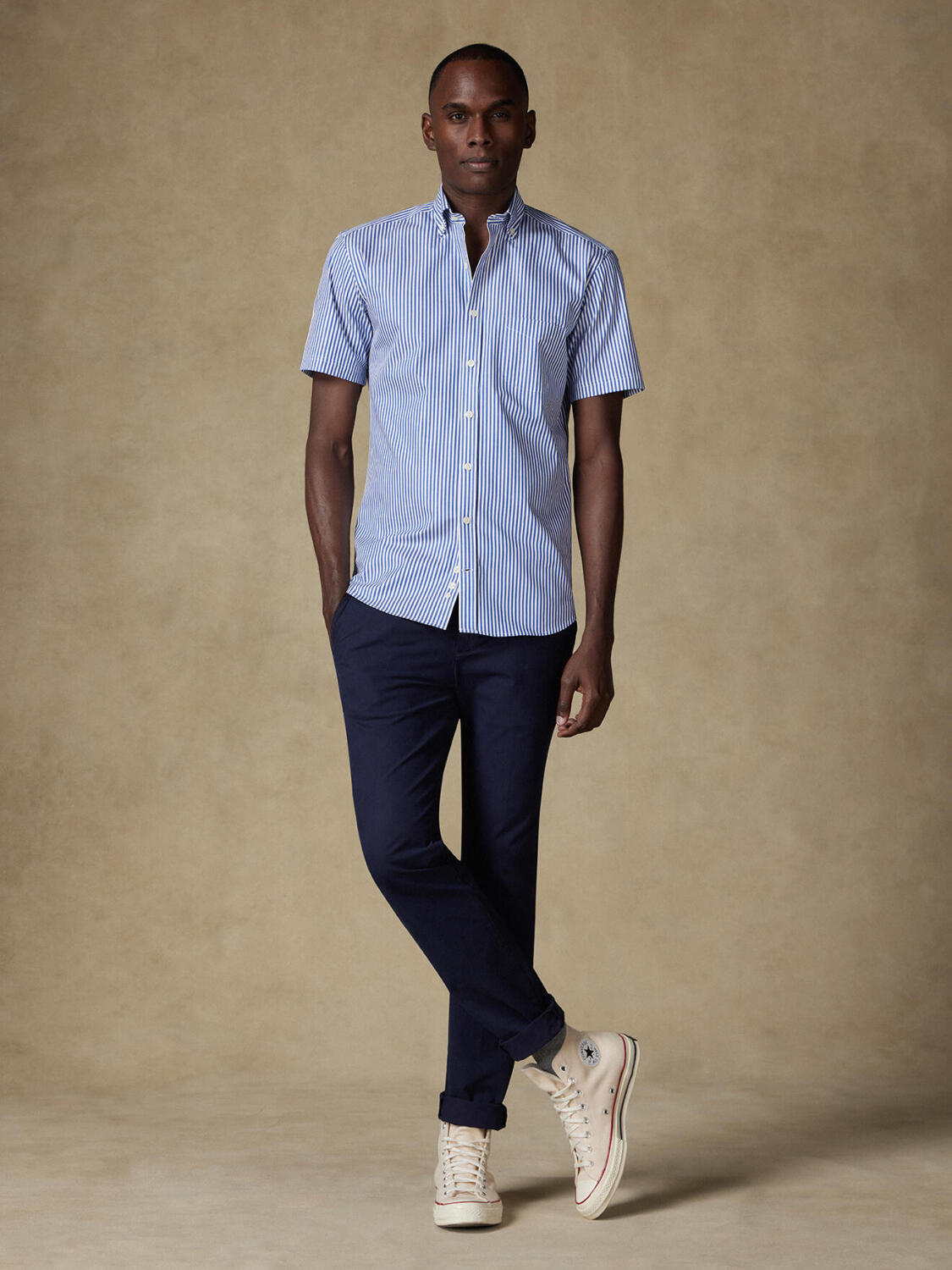 Camicia manica corta manica corta Barry a righe blu scuro - Con buttoncini