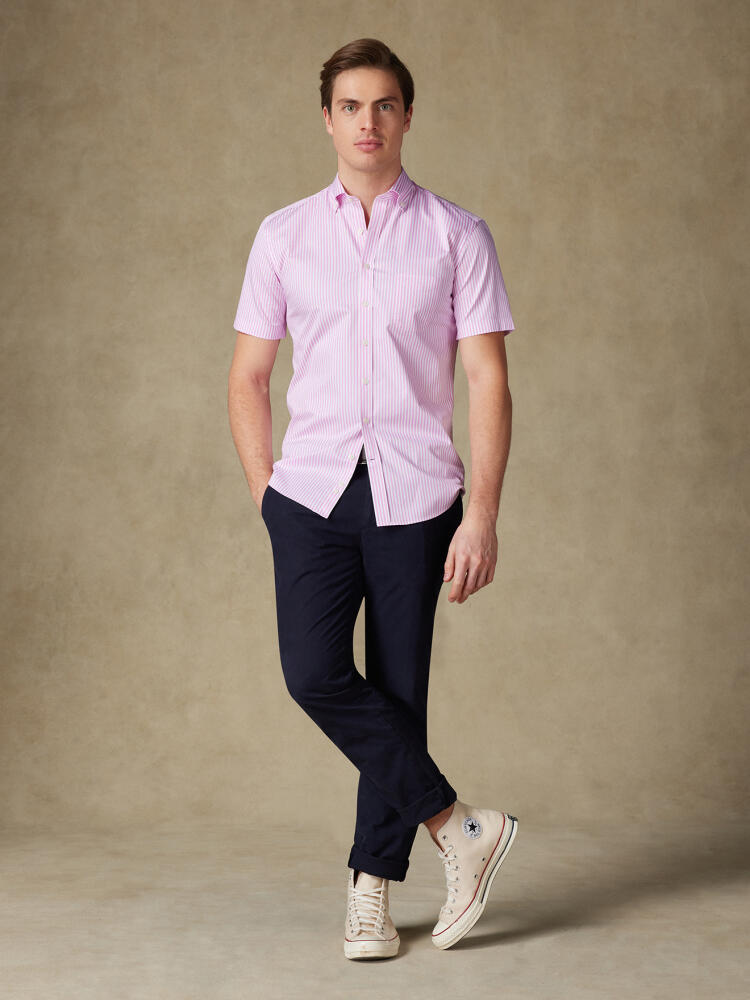 Chemise manches courtes Barry à rayures rose - Col boutonné