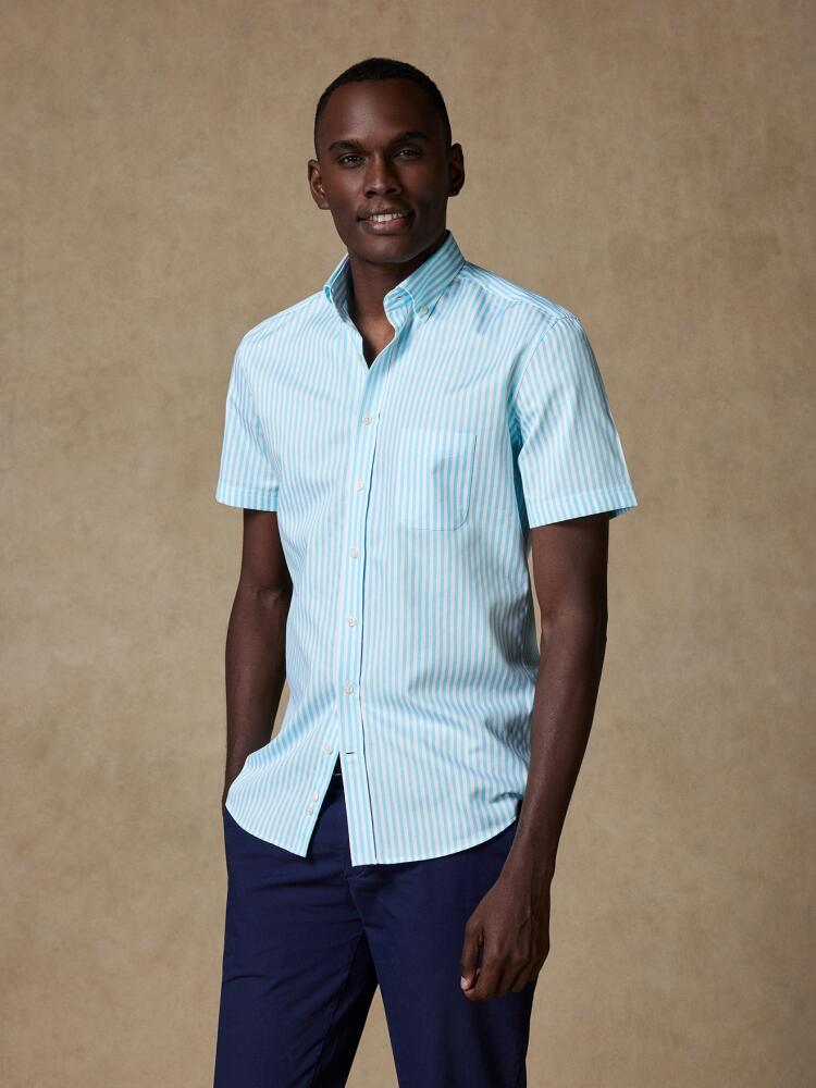 Chemise à manches courtes Benjy à rayures turquoise - Col Boutonné