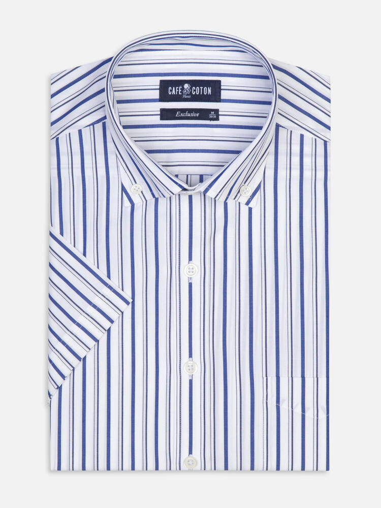 Overhemd met korte mouwen Brent met strepen marineblauw - Button-down kraag