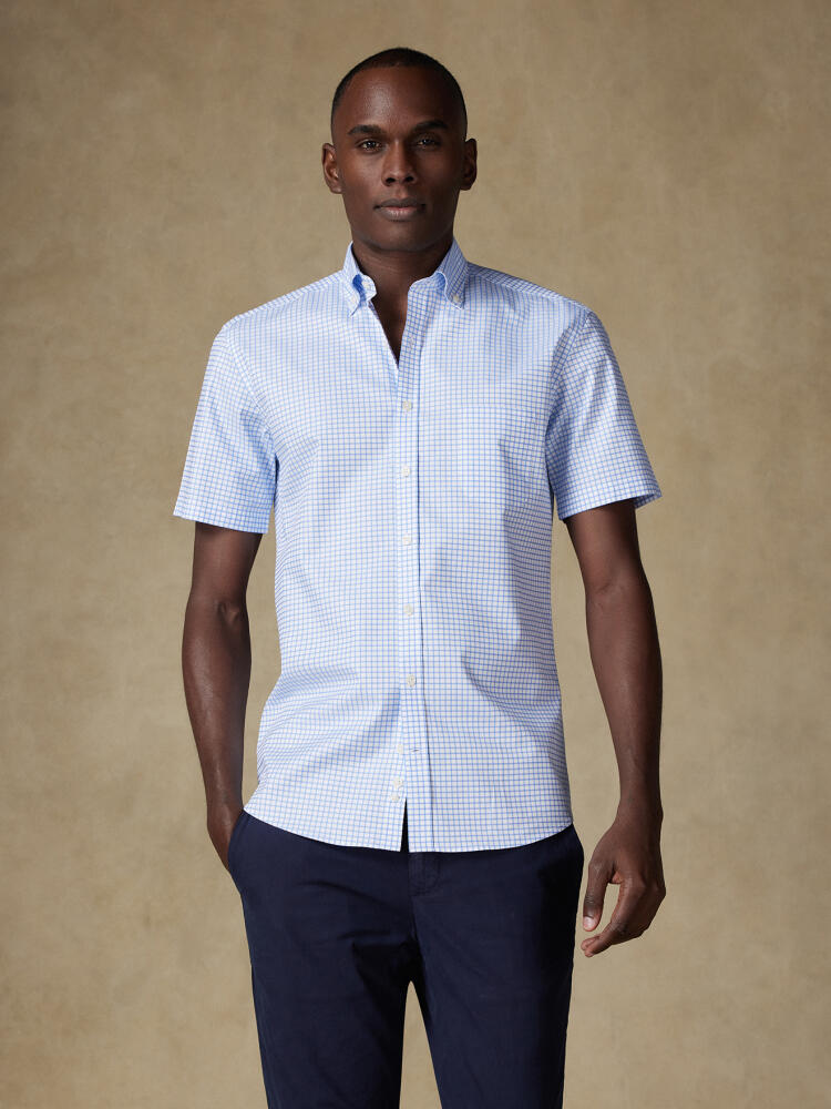 Kurzarmhemd Carlton mit hellblauen Karos - Button down kragen