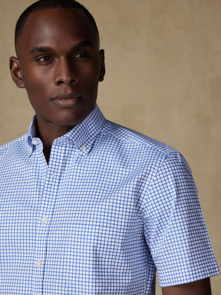 Kurzarmhemd Carlton mit blauen Karos  - Button down kragen