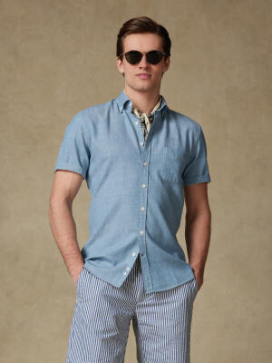 Chemise manches courtes Chad en denim ciel  - Col Boutonné