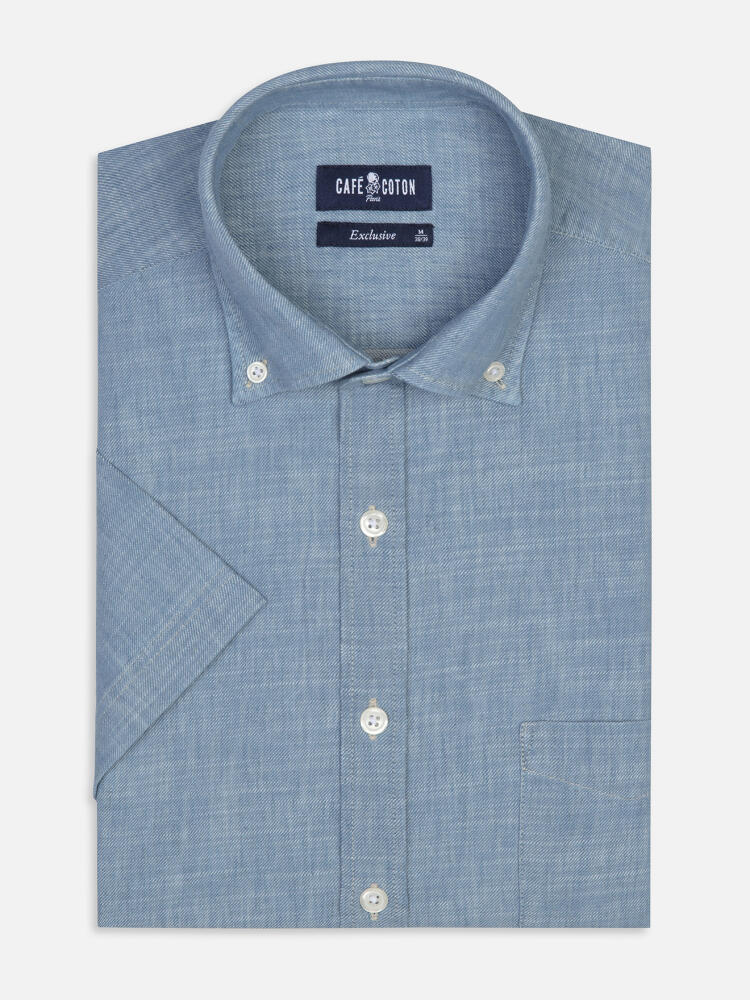 Chemise manches courtes Chad en denim ciel  - Col Boutonné