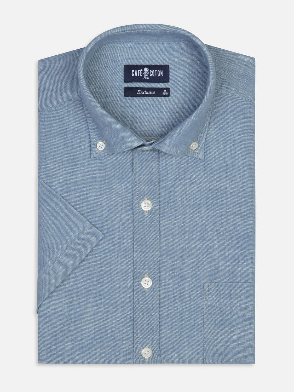 Camicia a maniche corte Chad in denim celeste - Colletto button-down