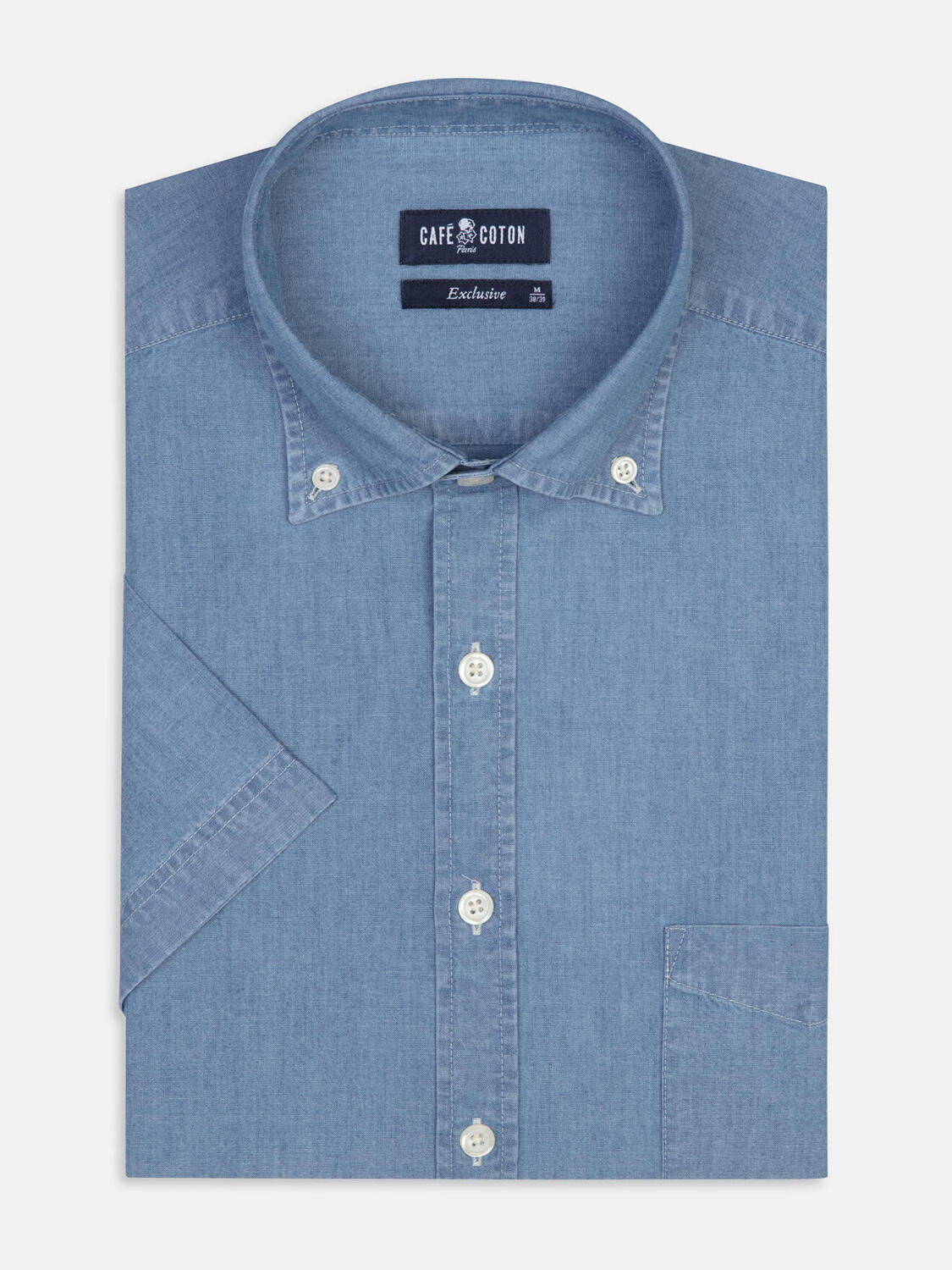 Camicia a maniche corte in chambray celeste - Colletto button-down