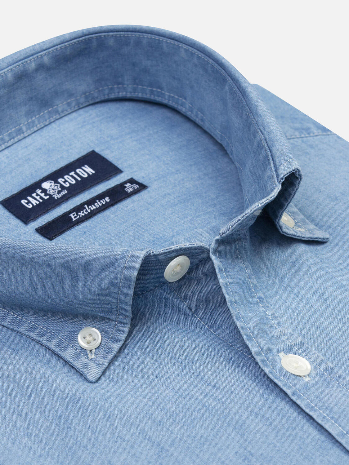 Camicia a maniche corte in chambray celeste - Colletto button-down