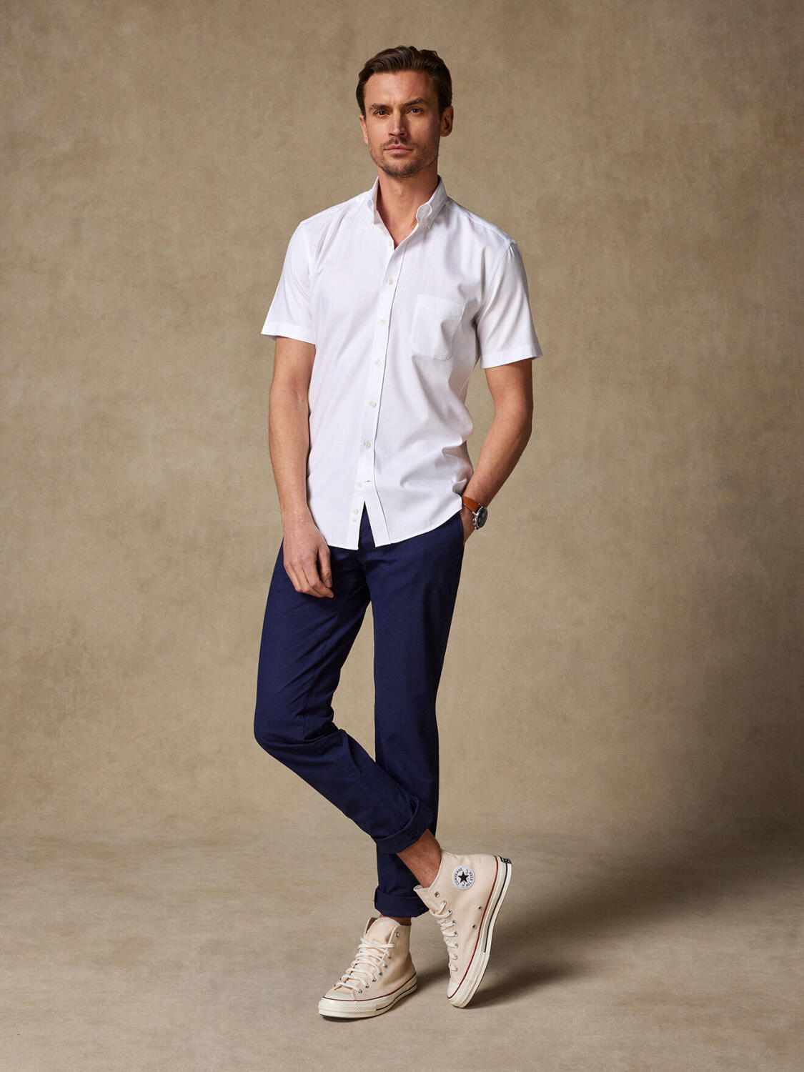 Overhemd met korte mouwen in visgraat wit - Buttown down