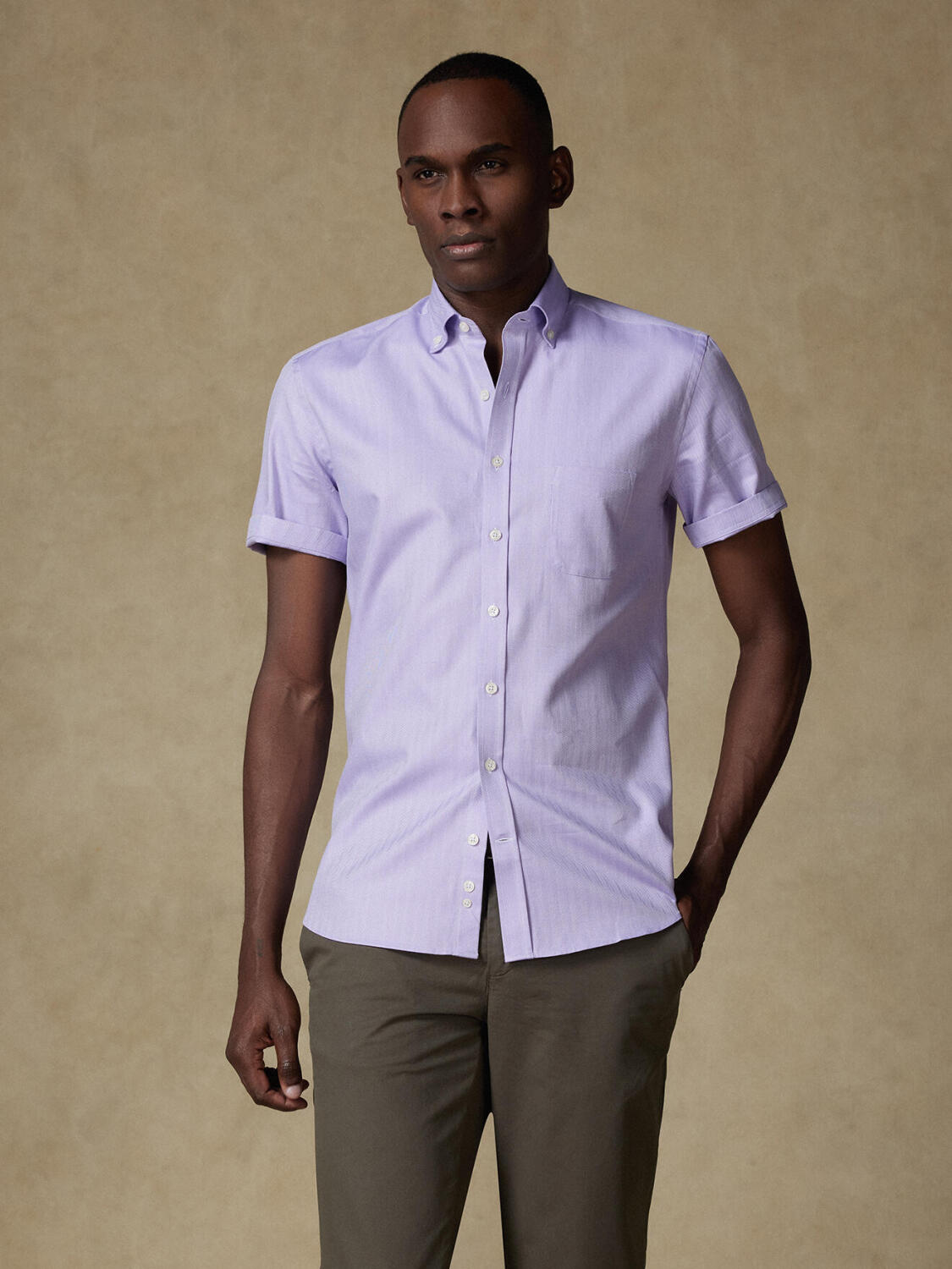 Chemise manches courtes en chevron parme - Col boutonné