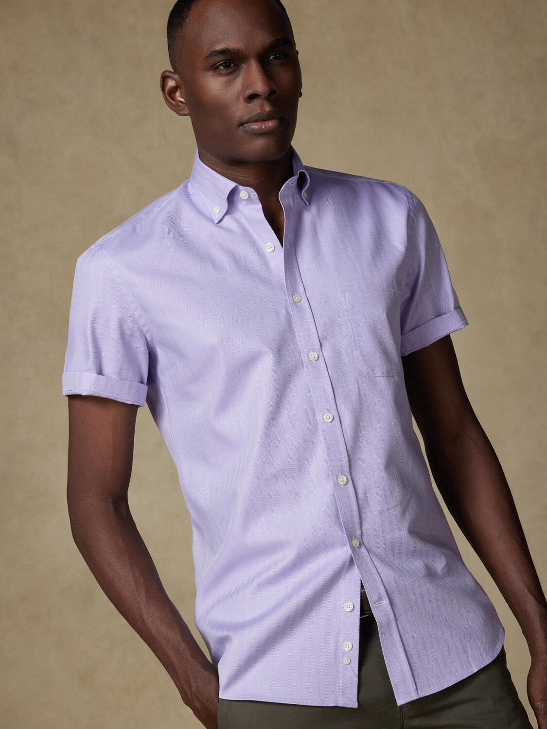 Chemise manches courtes en chevron parme - Col boutonné