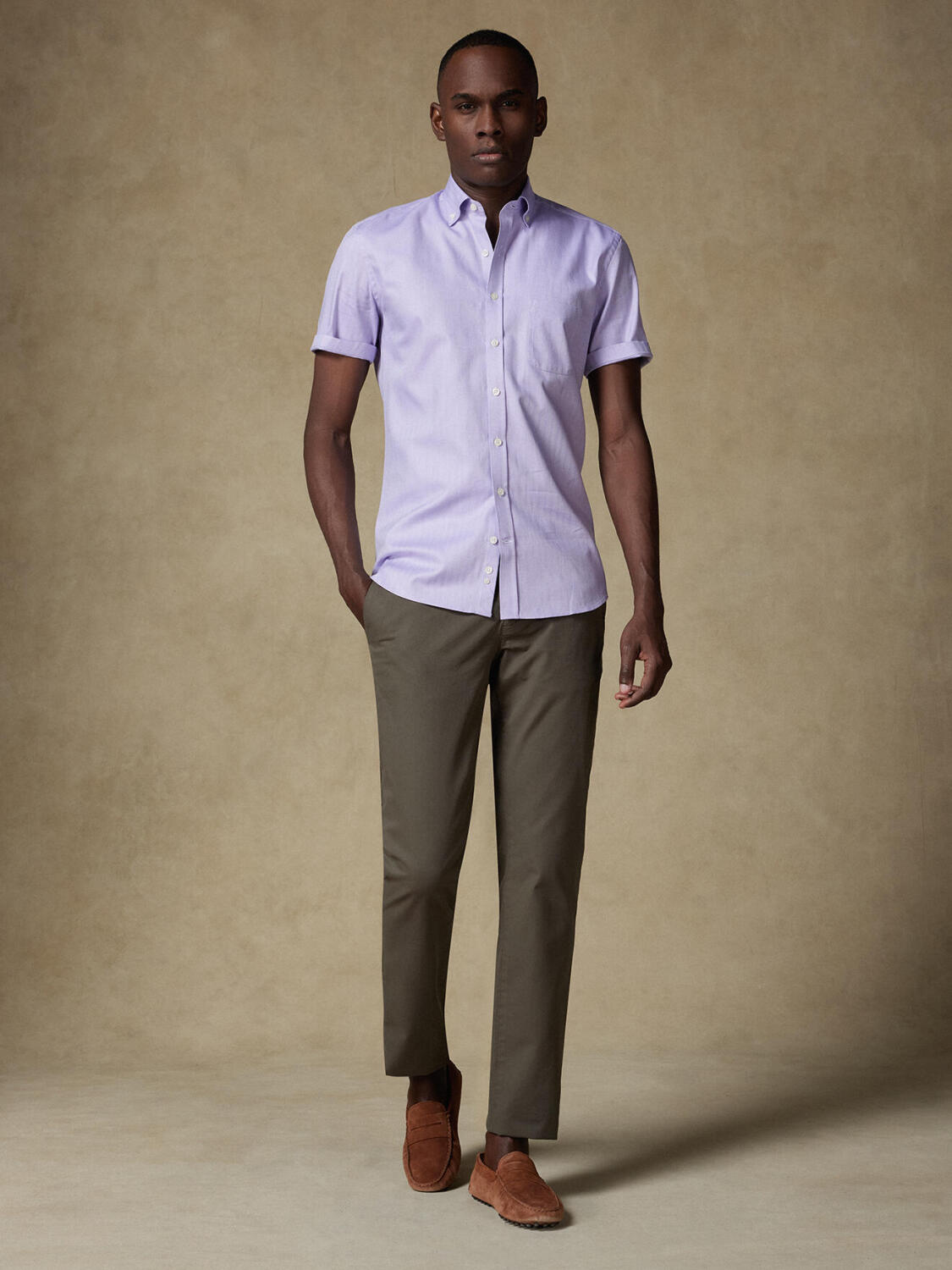 Chemise manches courtes en chevron parme - Col boutonné