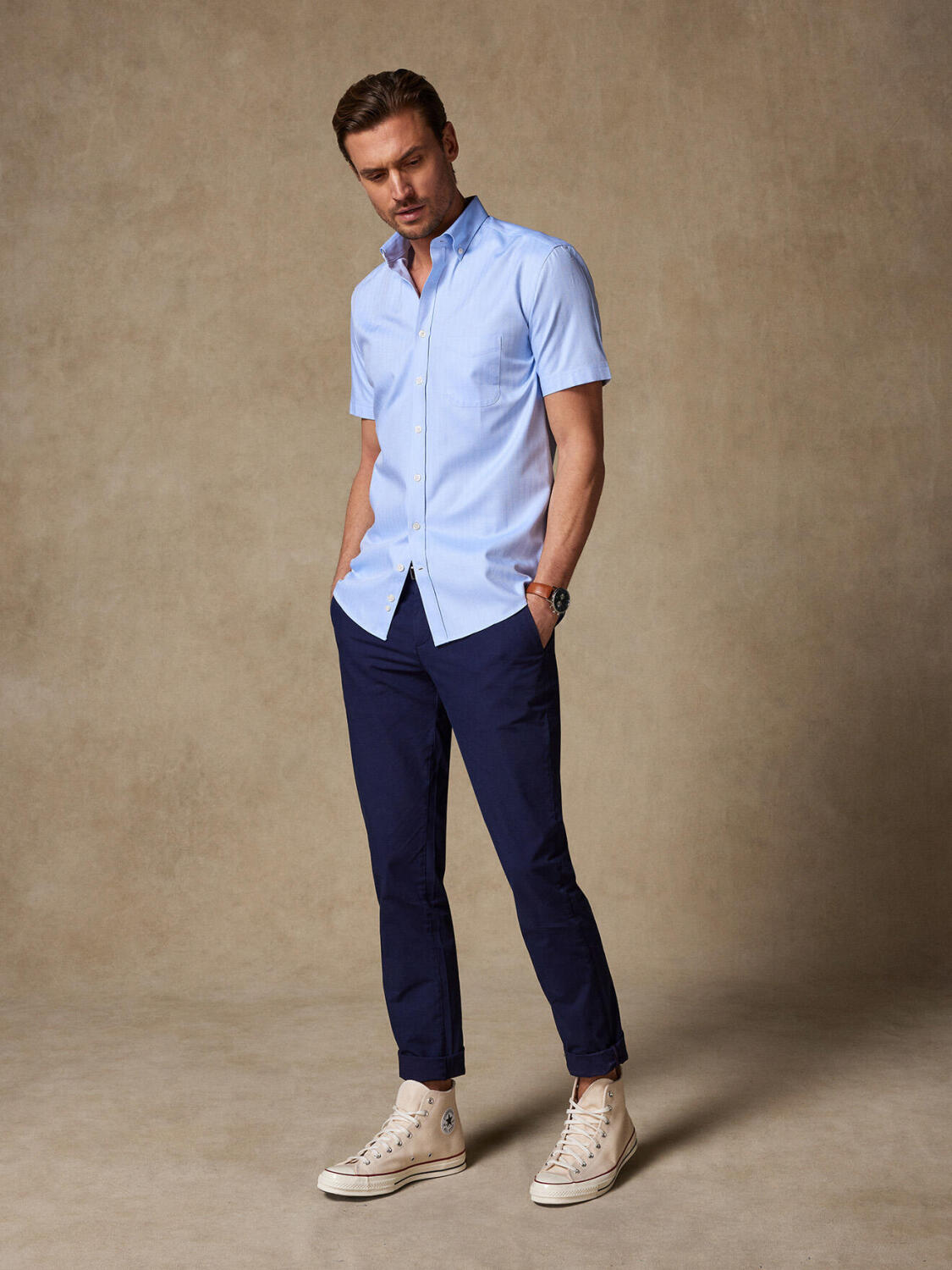 Overhemd met korte mouwen in visgraat hemelsblauw - Buttown down