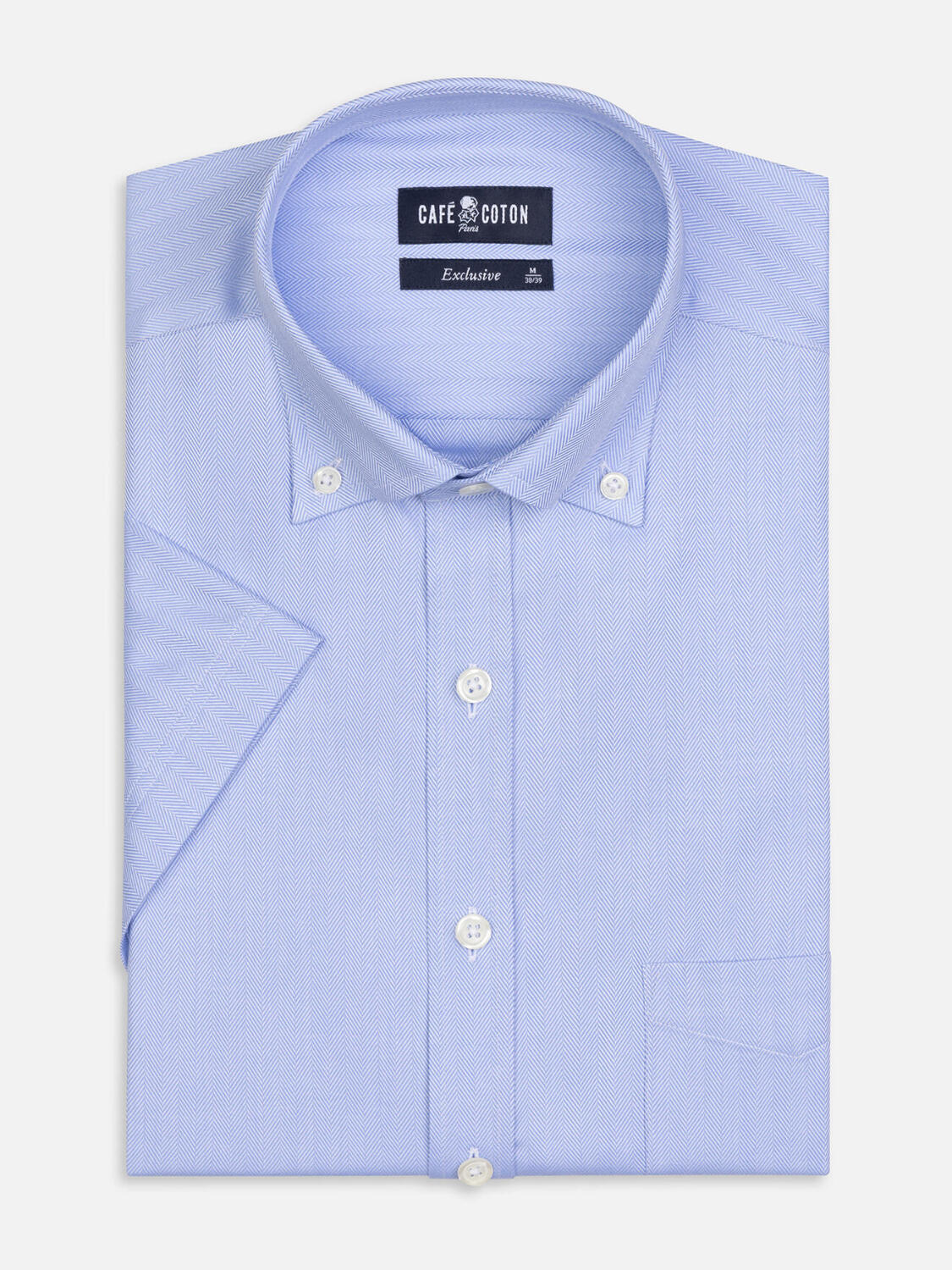 Overhemd met korte mouwen in visgraat hemelsblauw - Buttown down