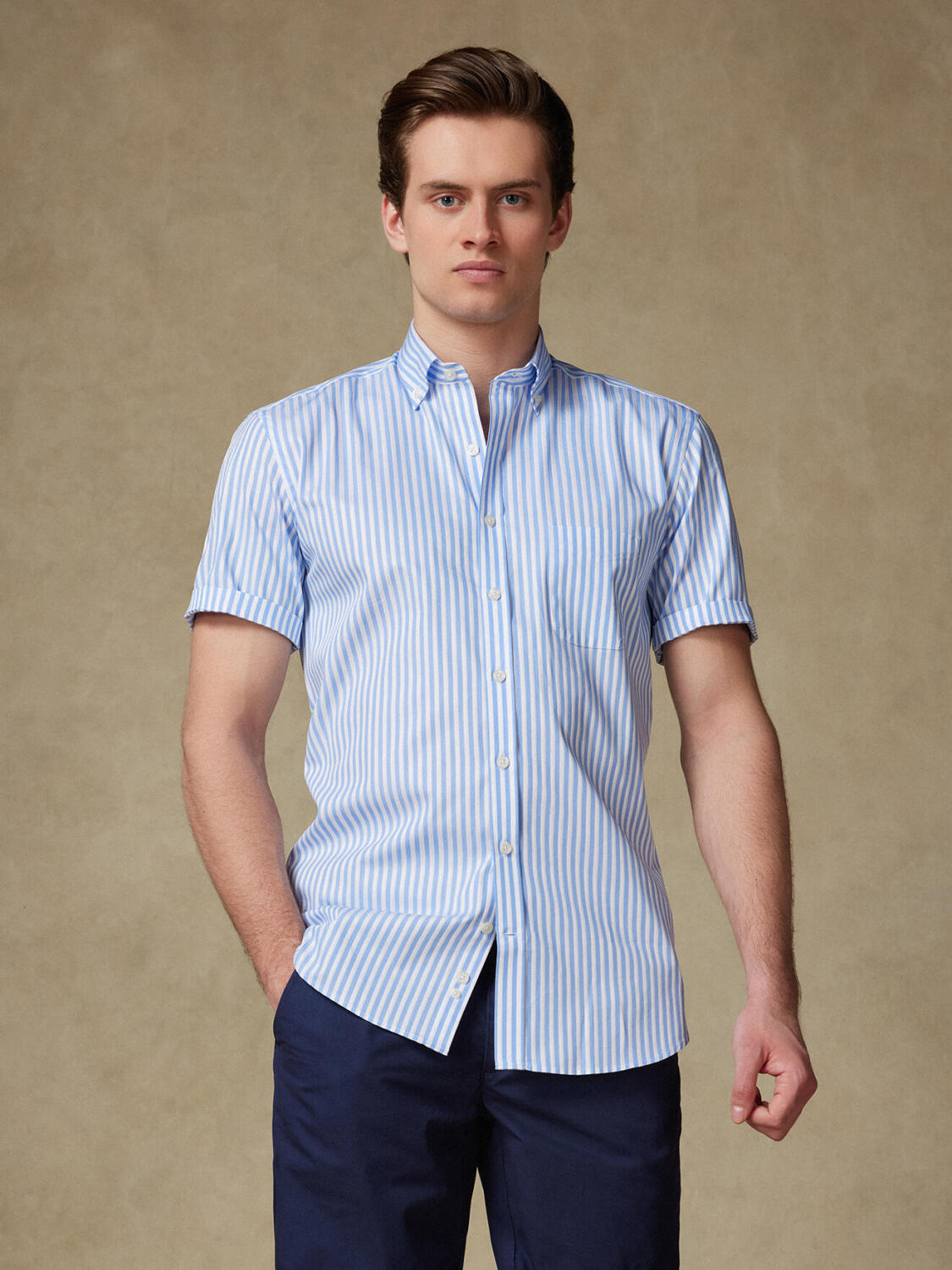 Camicia a maniche corte Chris a righe celeste - Colletto button-down