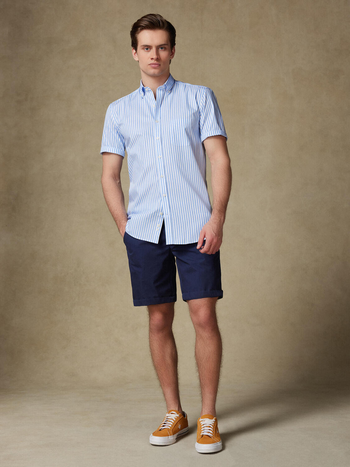 Camicia a maniche corte Chris a righe celeste - Colletto button-down