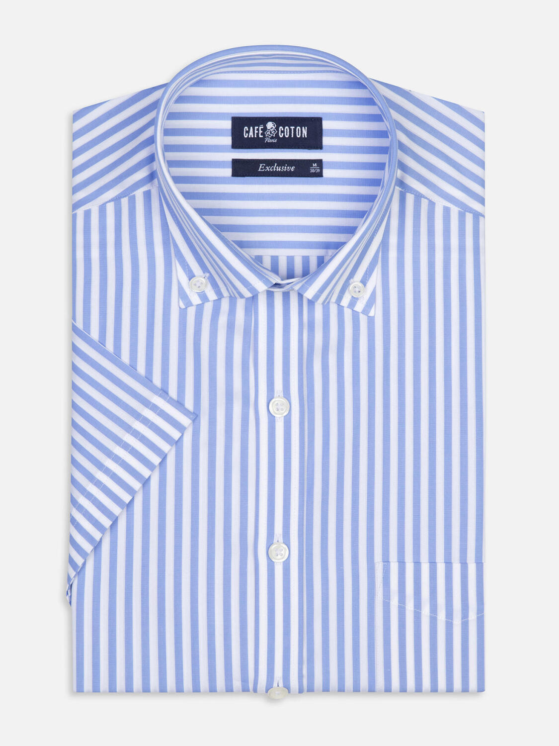 Camicia a maniche corte Chris a righe celeste - Colletto button-down