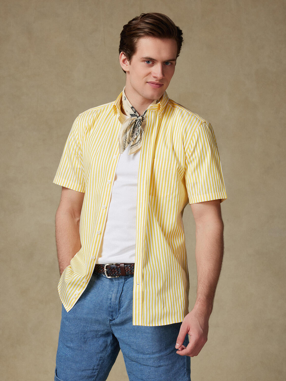 Camicia a maniche corte Chris a righe gialle - Colletto button-down