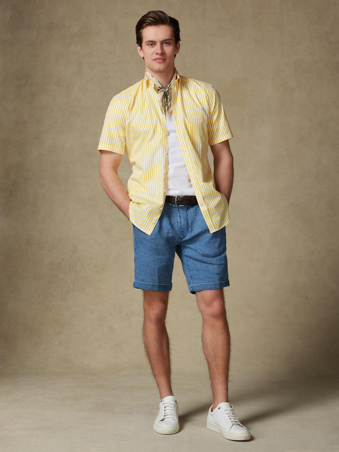 Camicia a maniche corte Chris a righe gialle - Colletto button-down