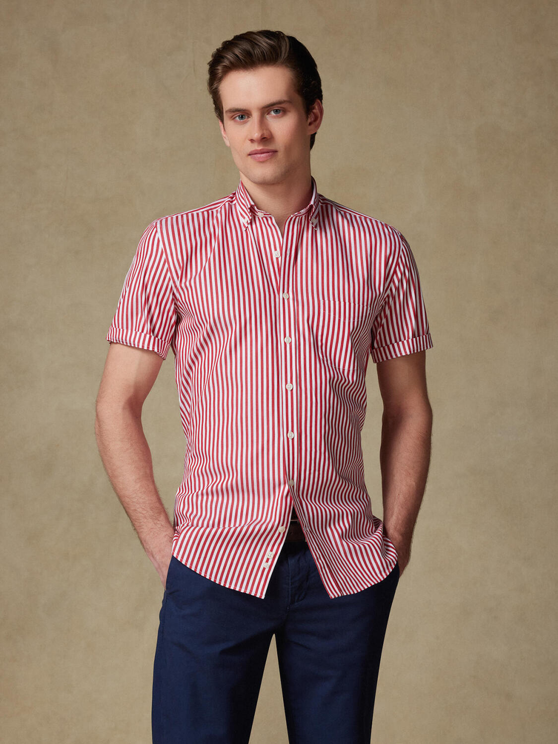 Camicia a maniche corte Chris a righe rosse - Colletto button-down