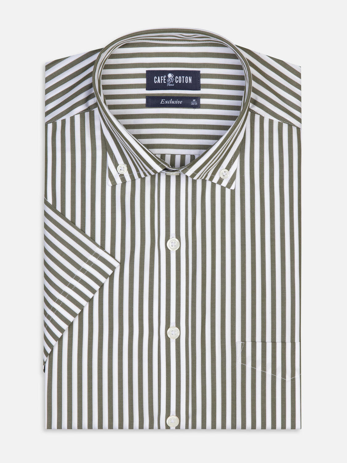 Camicia a maniche corte Chris a righe kaki - Colletto button-down