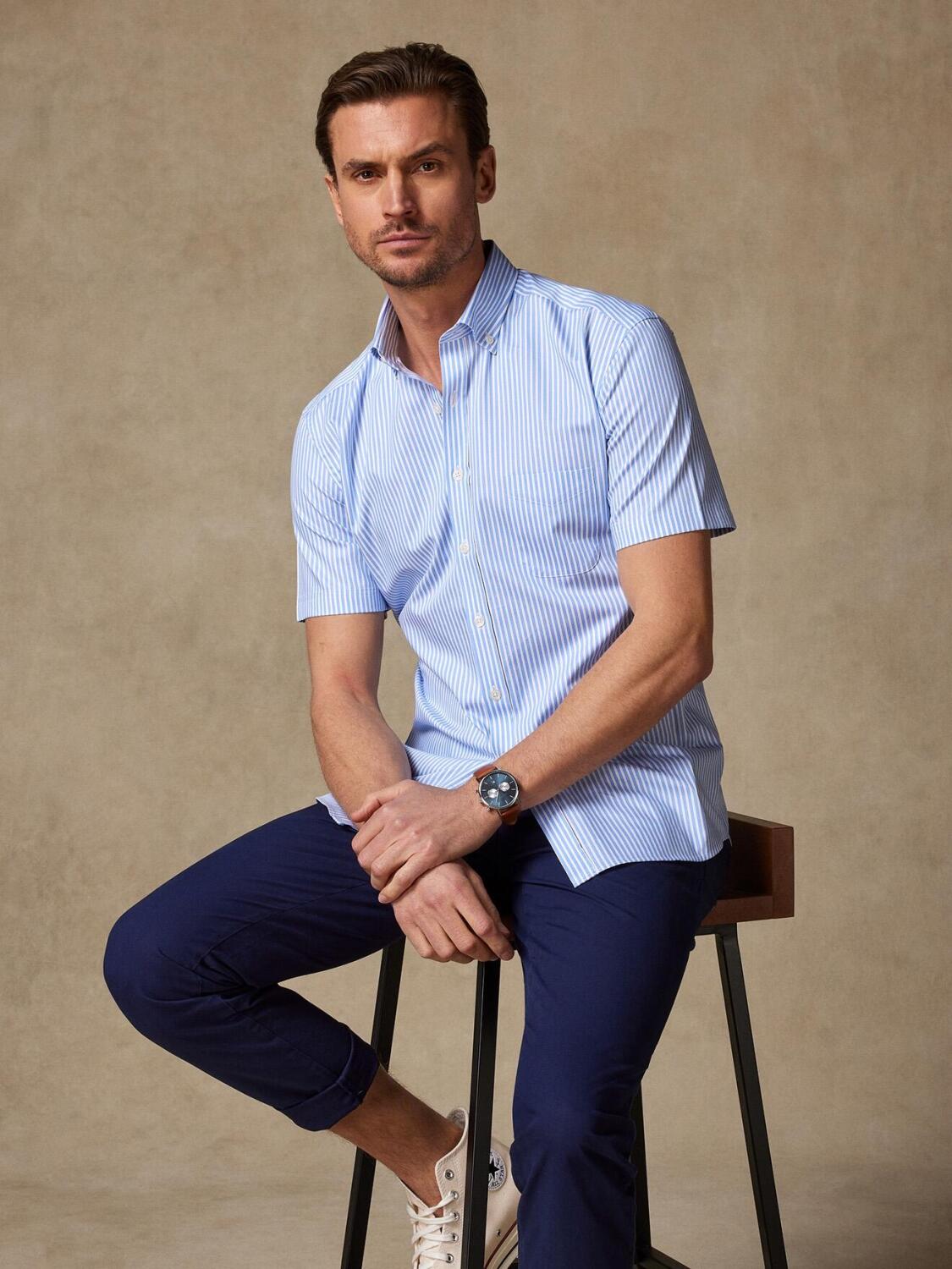 Clive hemels gestreept overhemd met korte mouwen - Buttoned kraag