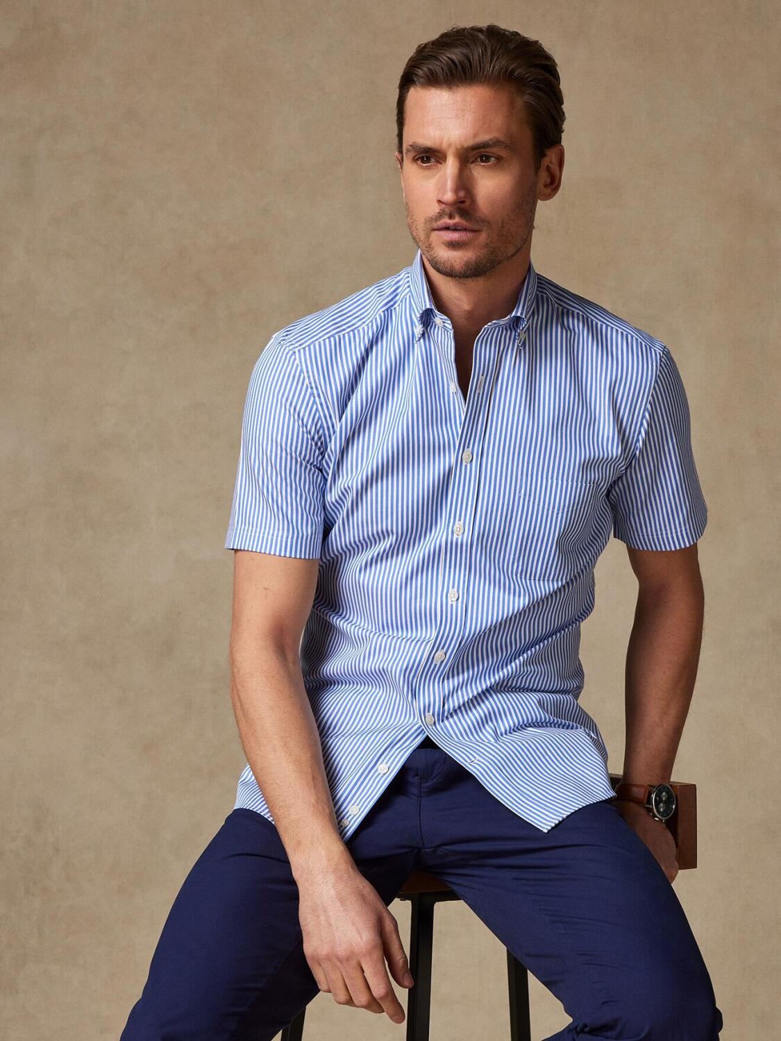 Clive blauw gestreept overhemd met korte mouwen - Buttoned kraag