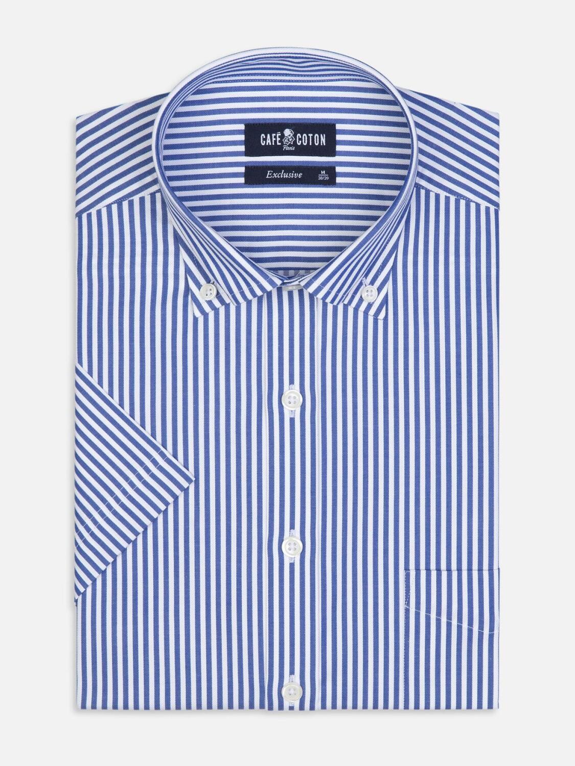 Clive navy stripe short sleeves shirt  - Buttoned collar