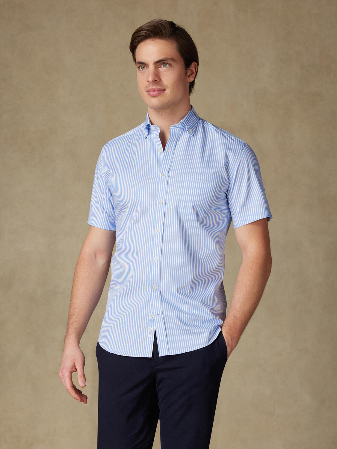 Camicia a maniche corte Colin a righe celeste - Colletto button-down