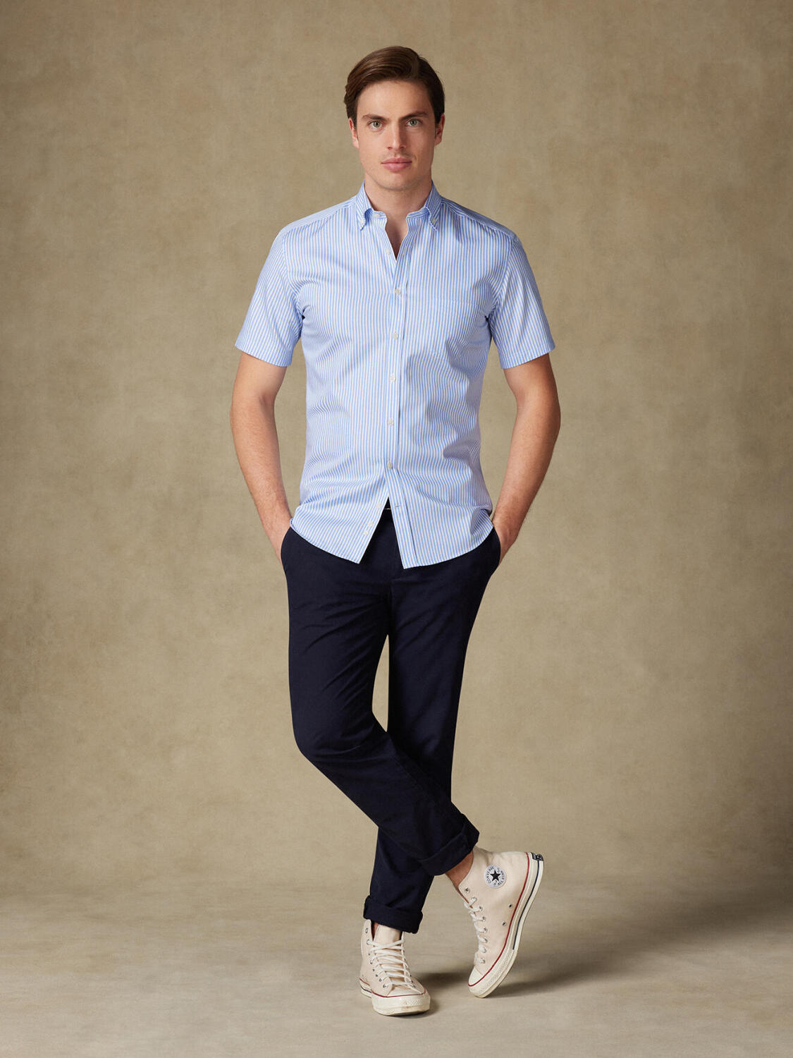 Camicia a maniche corte Colin a righe celeste - Colletto button-down