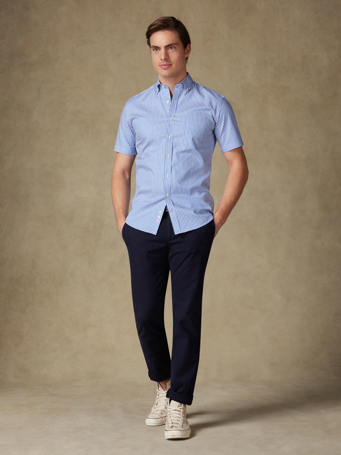 Camicia a maniche corte Colin a righe blu - Colletto button-down