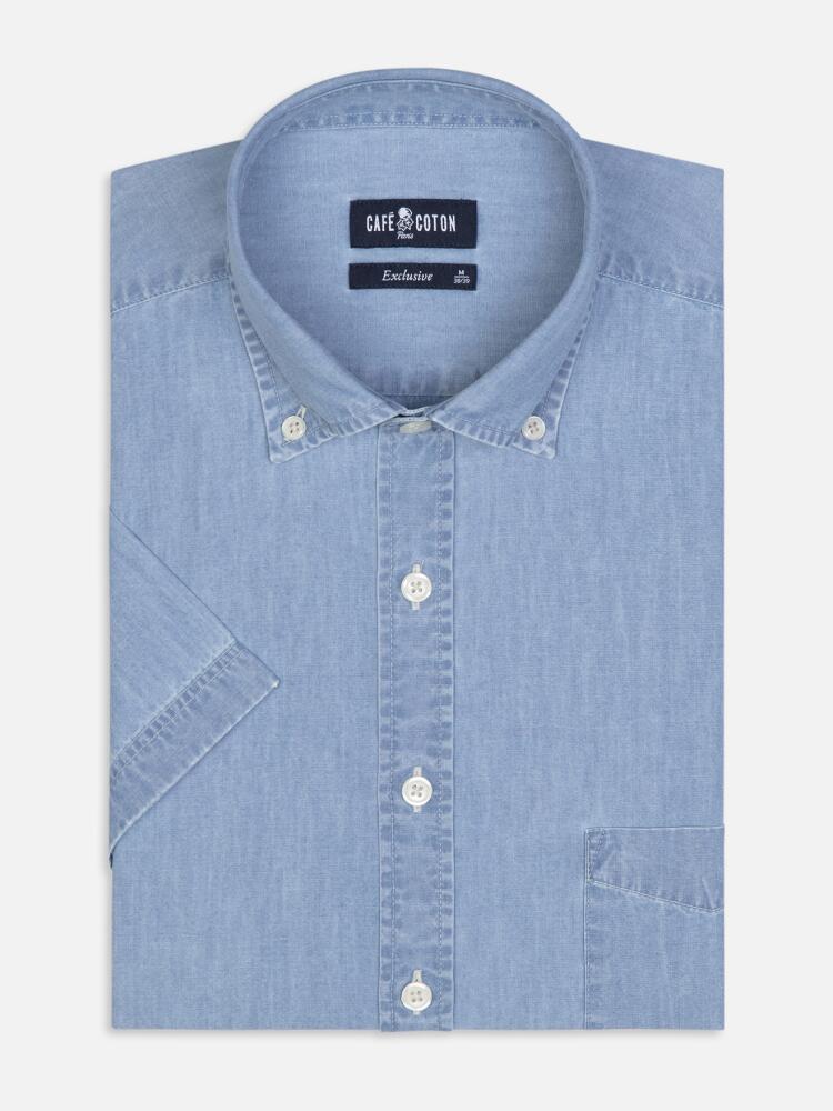 Sky blue denim short sleeves shirt  - Buttoned collar