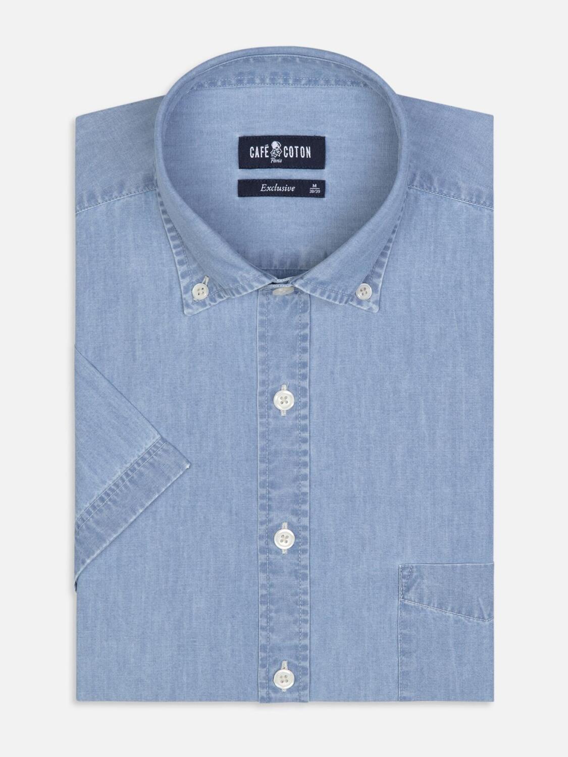 Lichtblauw denim overhemd met korte mouwen - Buttoned kraag