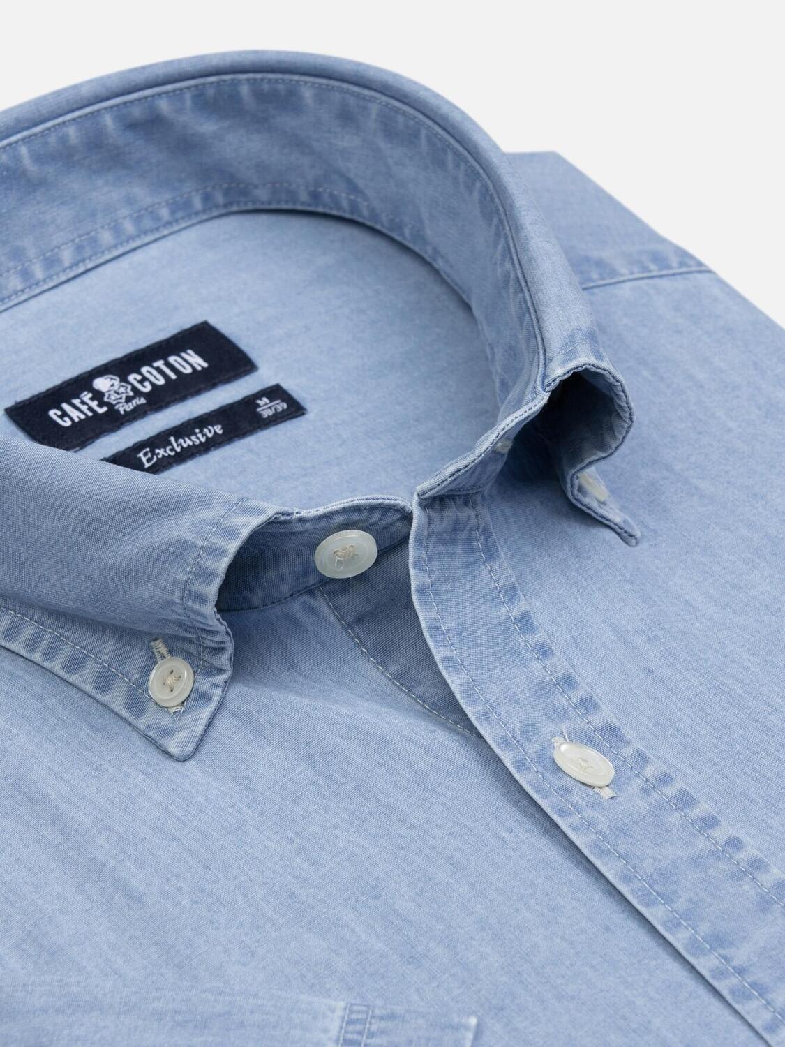 Lichtblauw denim overhemd met korte mouwen - Buttoned kraag