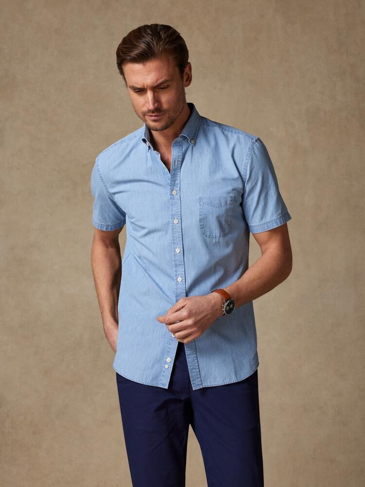 Sky blue denim short sleeves shirt  - Buttoned collar