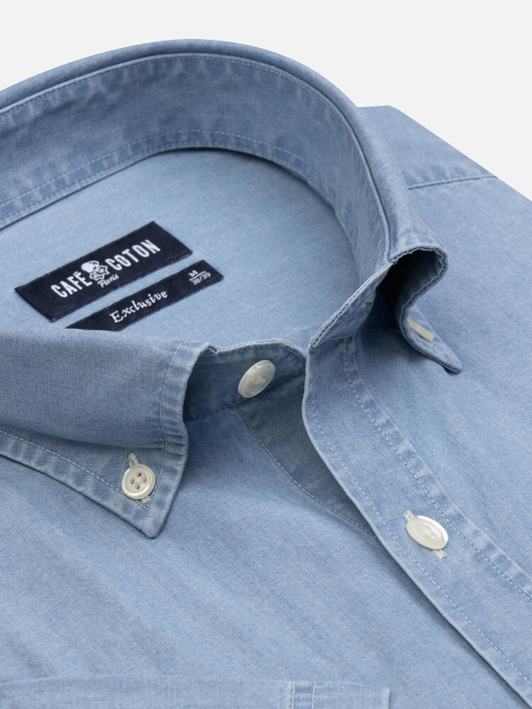 Chemise manches courtes Dane en denim ciel  - Col boutonné