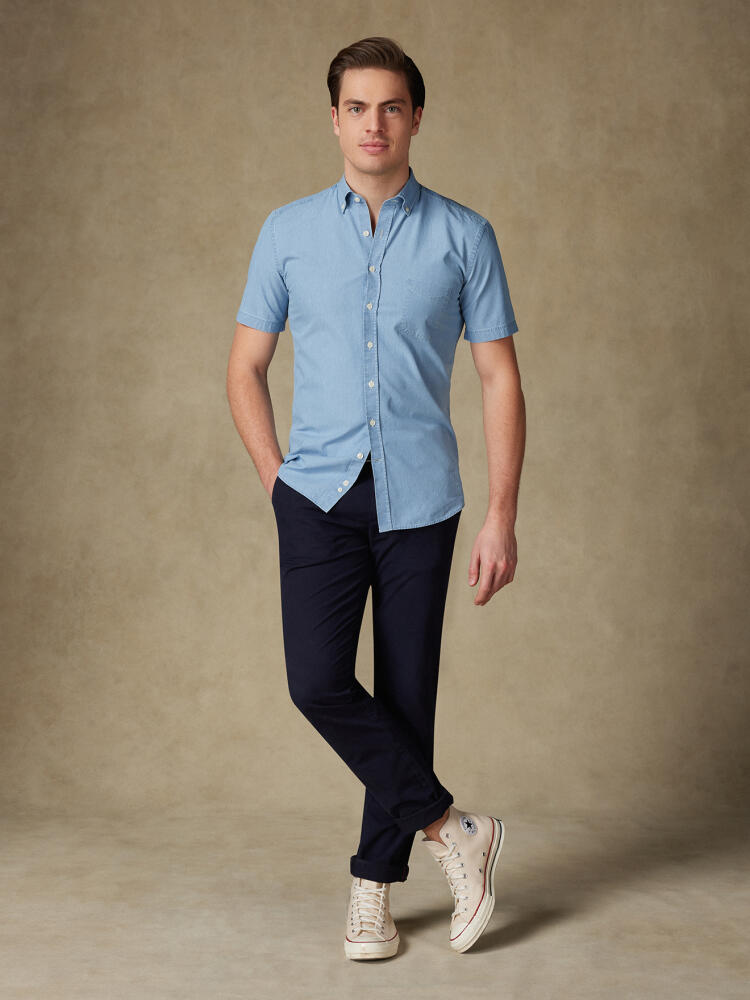 Chemise manches courtes Dane en denim ciel  - Col boutonné