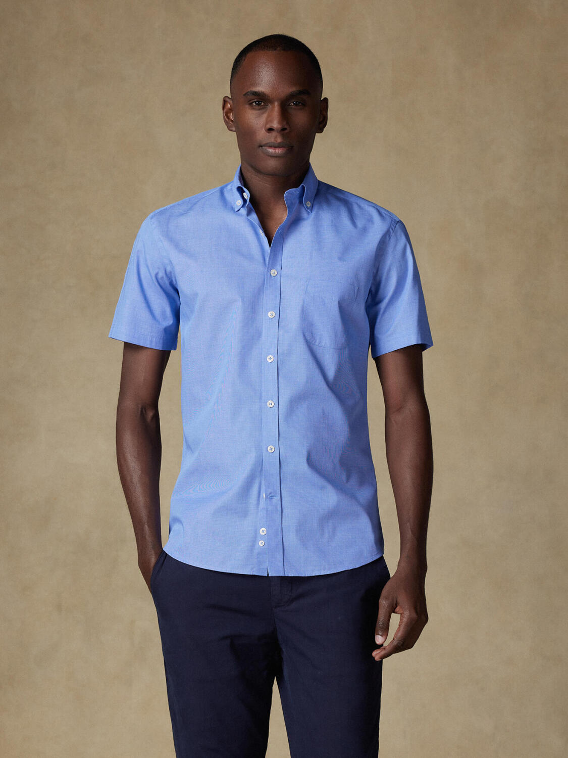 Camicia a maniche corte Daria in popeline blu - Colletto button-down