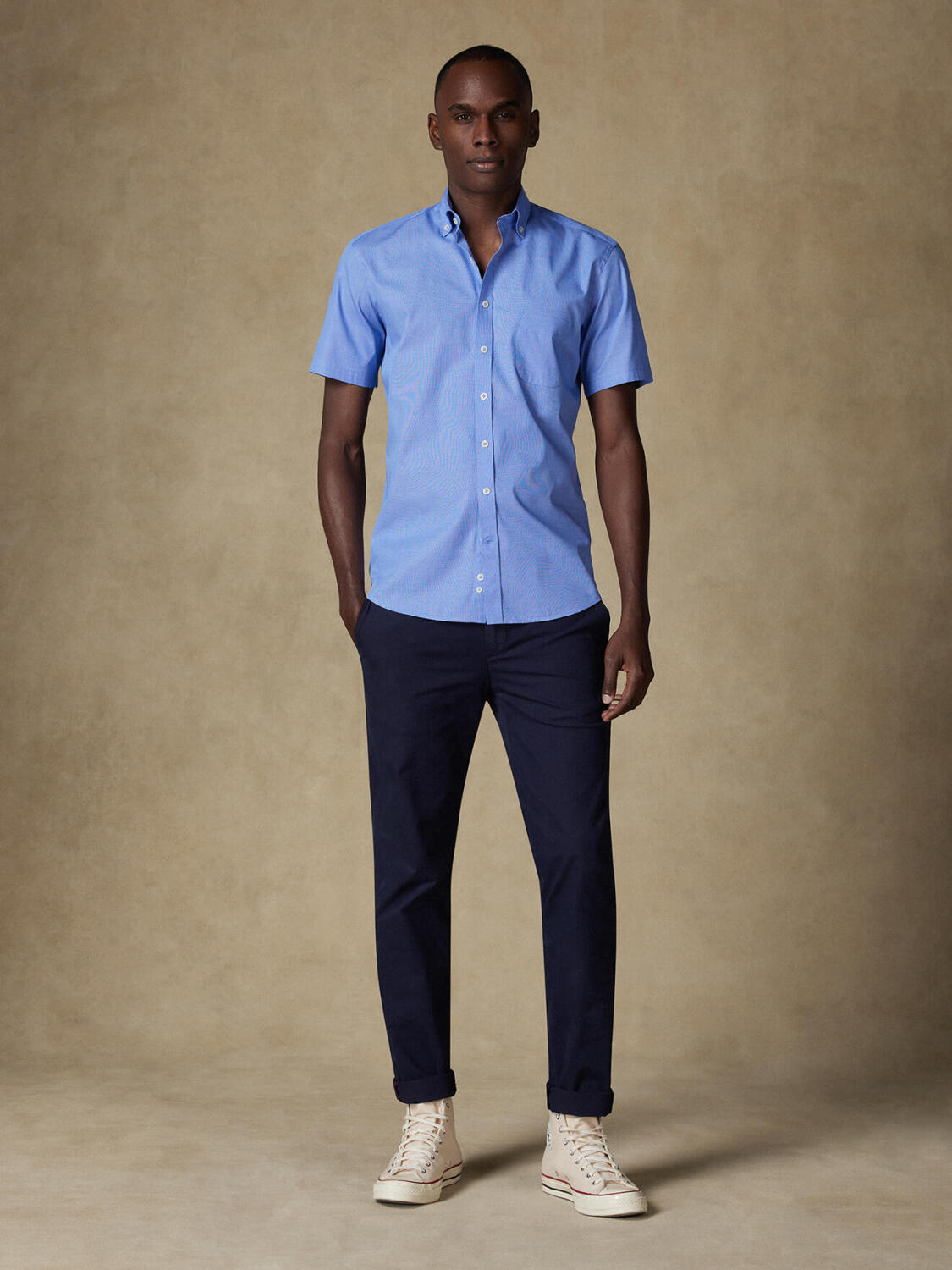 Camicia a maniche corte Daria in popeline blu - Colletto button-down