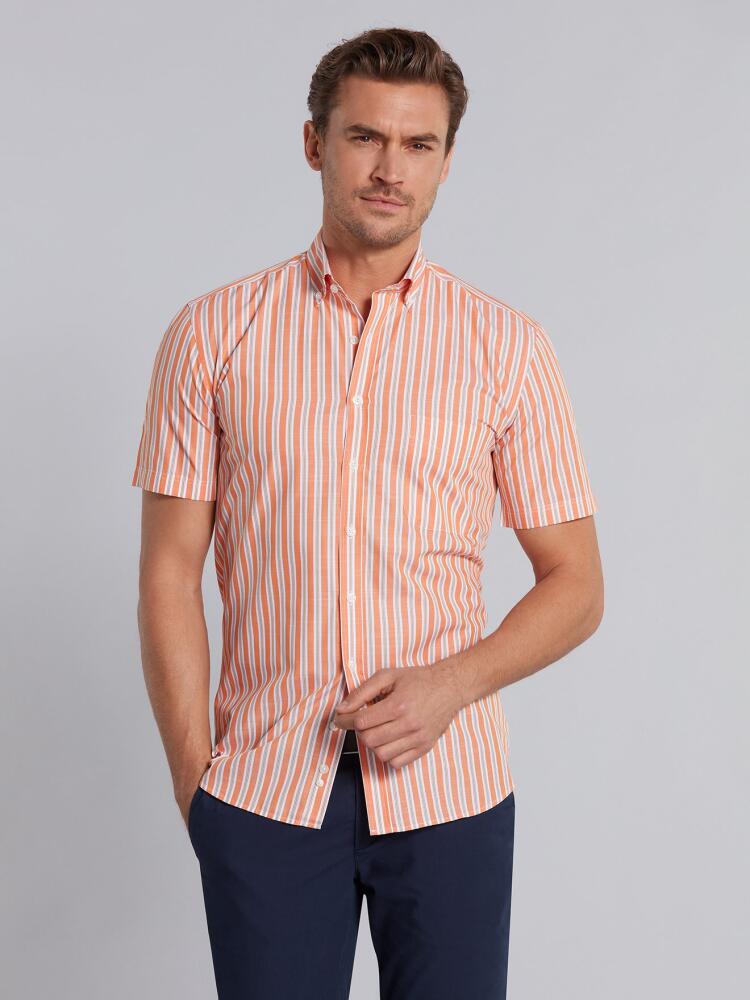 Orange and green stripes popelin shirt - Short sleeves