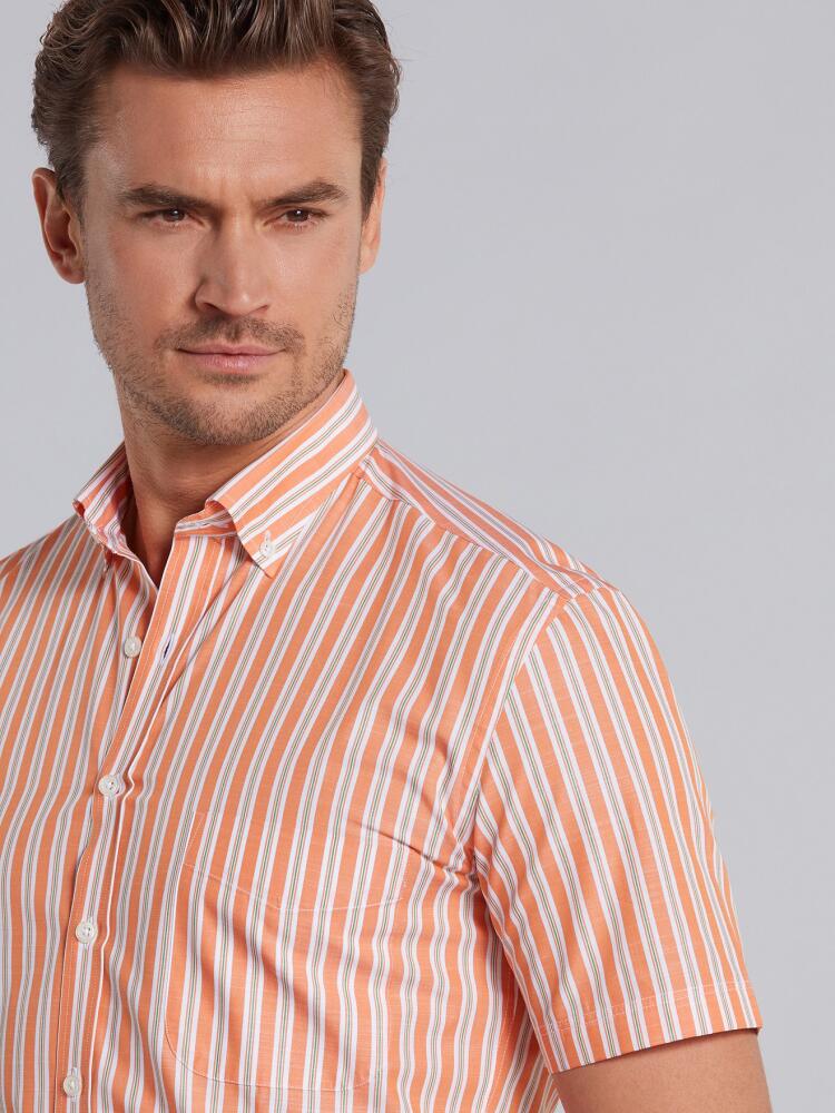Orange and green stripes popelin shirt - Short sleeves