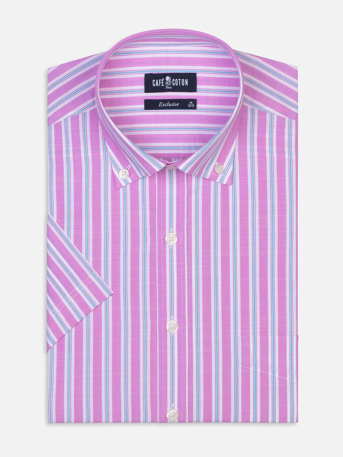 Turquoise and pink stripes popelin shirt - Short sleeves