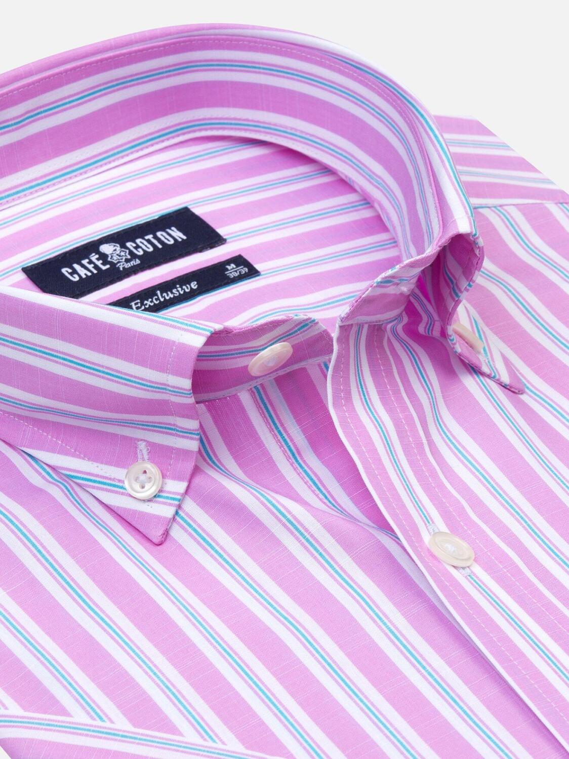 Turquoise and pink stripes popelin shirt - Short sleeves