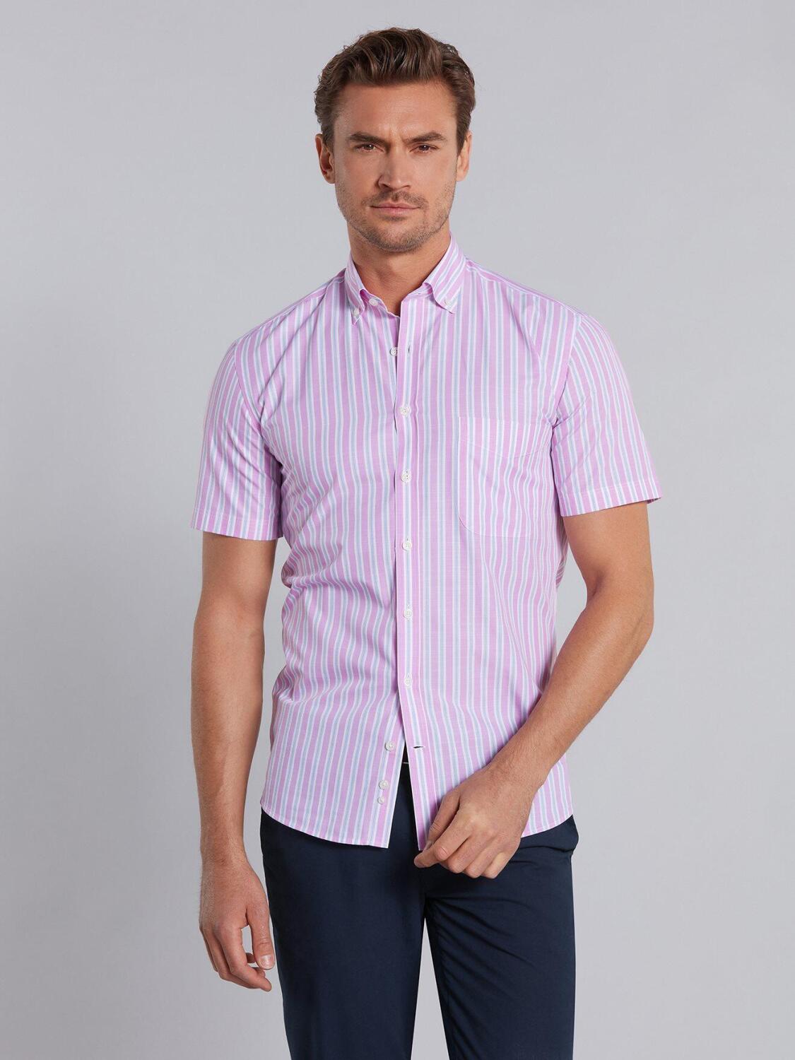 Turquoise and pink stripes popelin shirt - Short sleeves