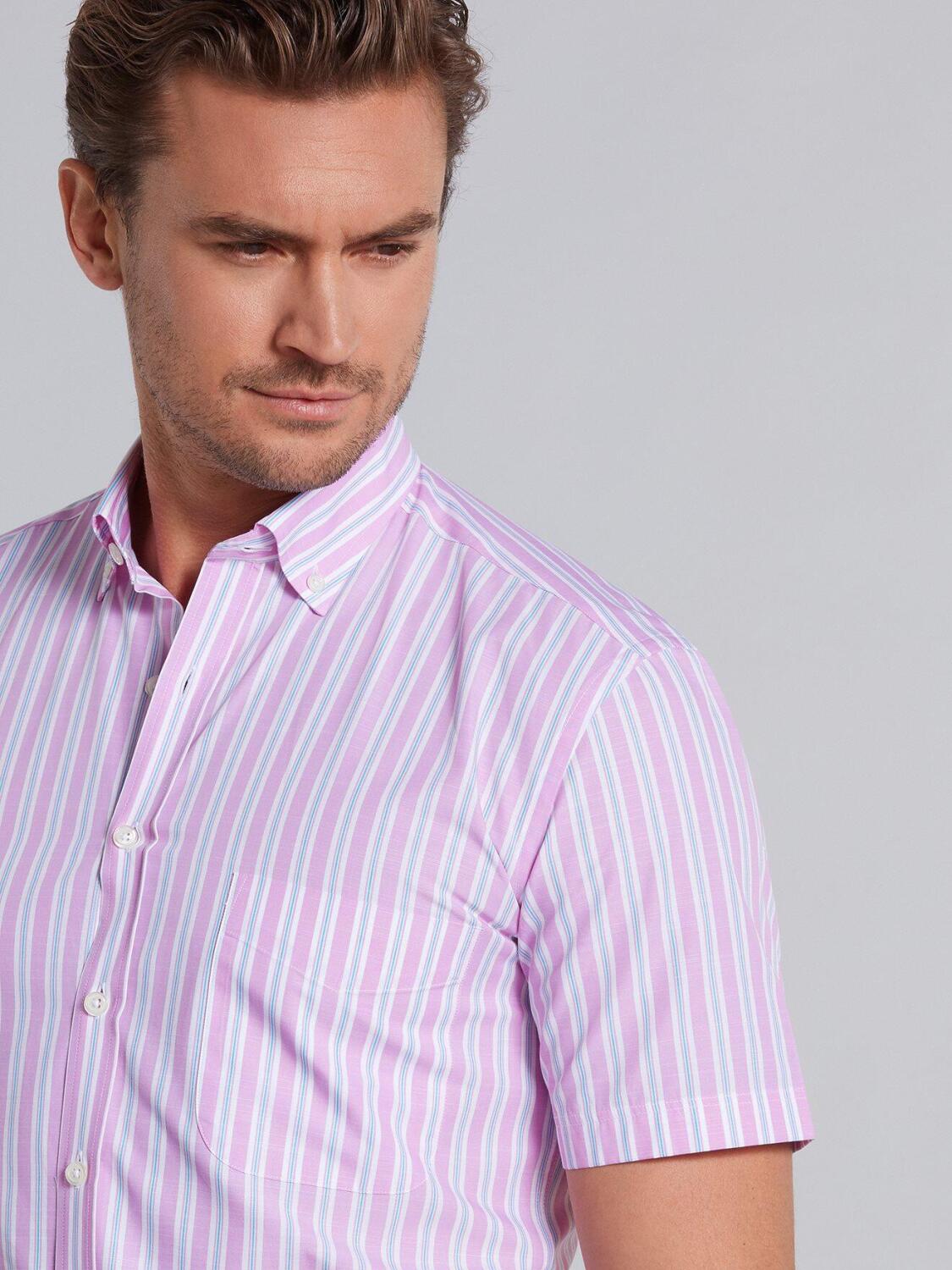 Turquoise and pink stripes popelin shirt - Short sleeves